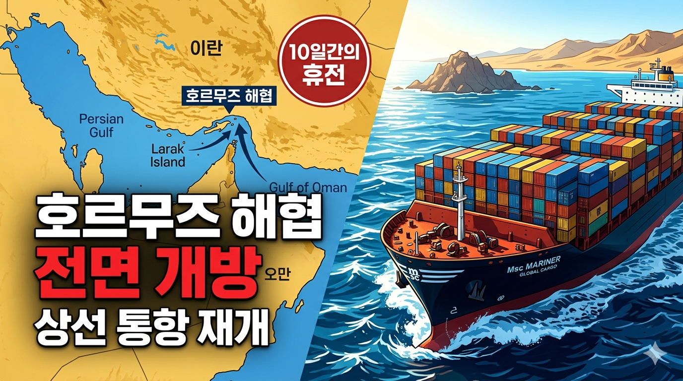 이란 호르무즈 해협 전면 개방 발표, 국제 유가 급락 및 중동 종전 협상 가속화