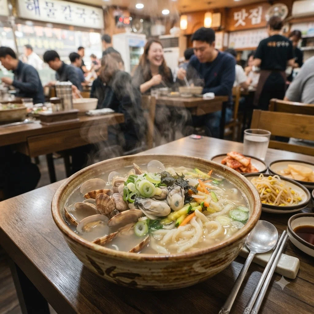 메뉴의 핵심, 복 해물칼국수와 깻잎전