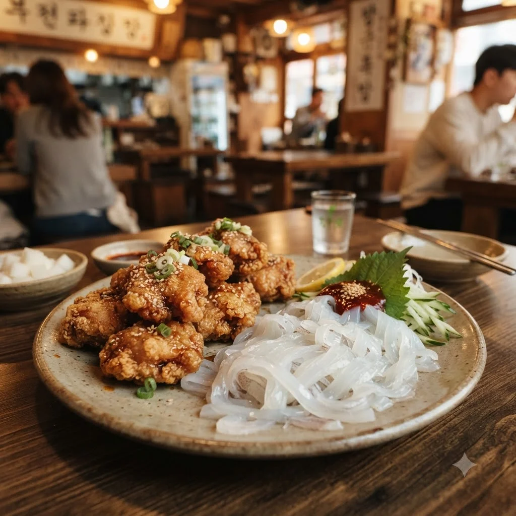 여수 우정통닭, 통닭과 오징어회의 이색적인 만남!