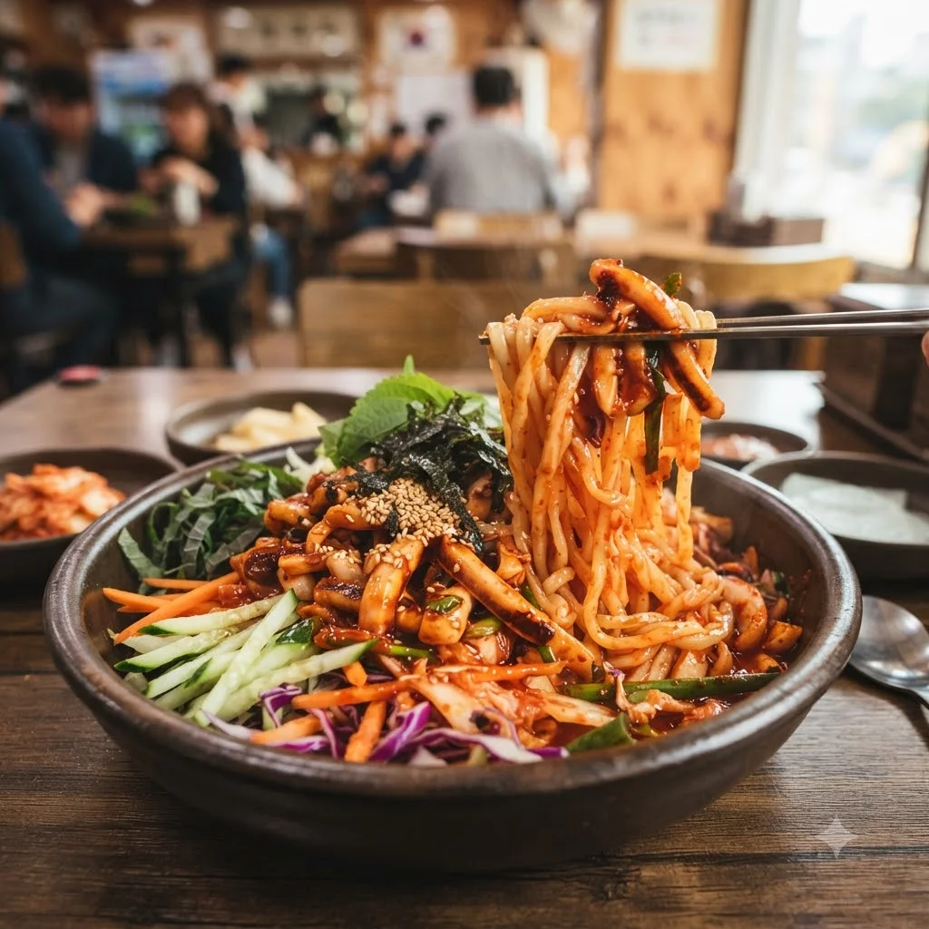 매콤새콤 쫄깃함의 극치! 오징어비빔칼국수 상세 리뷰